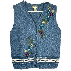 Classic Elements Autumn themed button down knit vest Sz M Blue